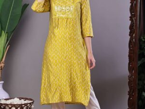 Women's Mustard Yellow Chevron Print Chanderi Kurta Set with Mirror Work Suit Sets
