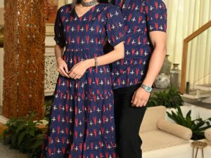 Couple Matching Navy Blue Cotton Printed Anarkali Midi Dress & Shirt Set ? Casual & Festive Wear