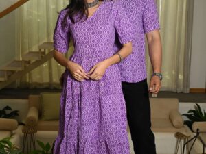Couple Matching Purple Cotton Anarkali Midi Dress and Shirt Set ? Geometric Wave Print
