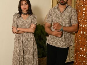 Couple Matching Beige Cotton Anarkali Midi Dress and Shirt Set ? Swirl Block Print