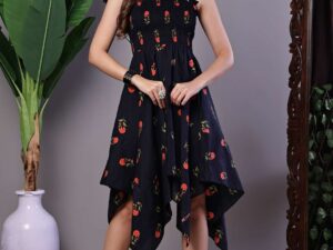 Women's Black Floral Printed Cotton Handkerchief Hem Dress Midi Dresses