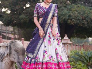 Women's Patola Print Tussar Silk Lehenga Choli Dupatta Set