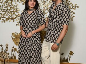 Couple Matching Black & Beige Cotton Anarkali Midi Dress and Shirt Set ? Leaf Print Twinning Outfit