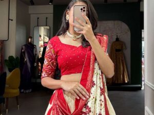 Women's Tussar Silk Patola Print Lehenga Choli Dupatta Set