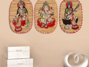 Bamboo Hand Crafted Wall Hangings Of The Trio Of Ganesh Ji, Laxmi Ji And Sarwasti Ji Painting For Home Decor