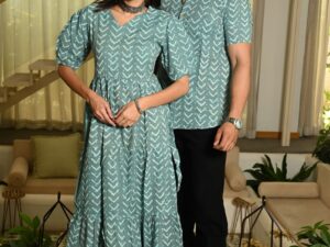 Couple Matching Green Cotton Anarkali Midi Dress and Shirt Set ? Arrow Print