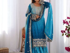 Women's Chinon Silk Sequence With Rivet Moti Work Straight Kurta With Sharara and Dupatta Set