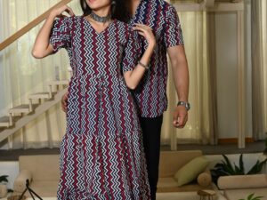 Couple Matching Navy Blue & Red Zigzag Cotton Anarkali Midi Dress and Shirt Set