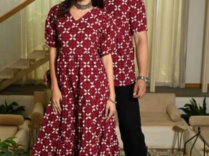 Couple Matching Maroon Cotton Anarkali Midi Dress and Shirt Set ? White Floral Print