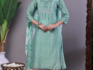Women's Mint Green Chanderi Embroidered Kurta Set with Dupatta Suit Sets