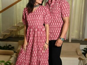 Couple Matching Pink Cotton Anarkali Midi Dress and Shirt Set ? White Handblock Leaf Print
