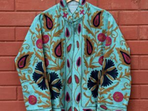 Womens Teal Blue Velvet Embroidered Jacket with Floral Design