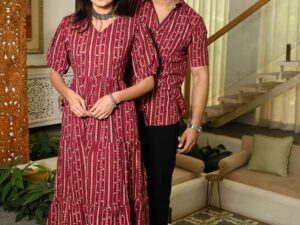 Couple Matching Maroon Cotton Anarkali Midi Dress and Shirt Set ? Vertical Stripe Ethnic Print