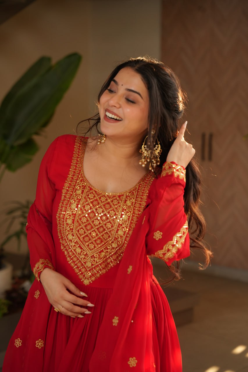 Women's Radiant Red Anarkali Suit Set with Golden Zari & Sequin Embroidery – Perfect for Festive & Wedding Occasions