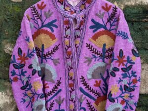 Womens Purple Velvet Embroidered Jacket with Floral Design