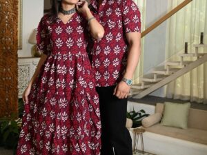 Couple Matching Maroon Cotton Printed Anarkali Midi Dress & Shirt Set ? Casual & Festive Wear