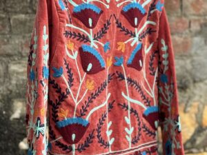 Womens Terracotta Velvet Embroidered Jacket with Floral Design