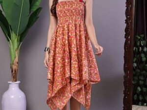 Women's MultiColor Floral Printed Cotton Handkerchief Hem Dress Midi Dresses